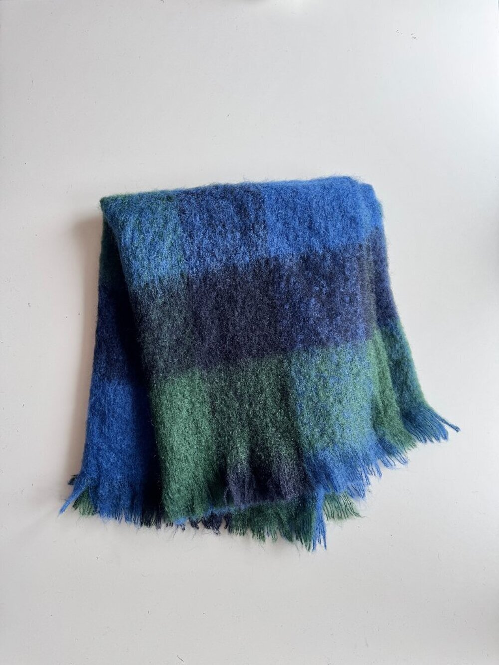 Vintage FOXFORD Blue Green Check Mohair Wool Blend 59"x 38" Throw Blanket